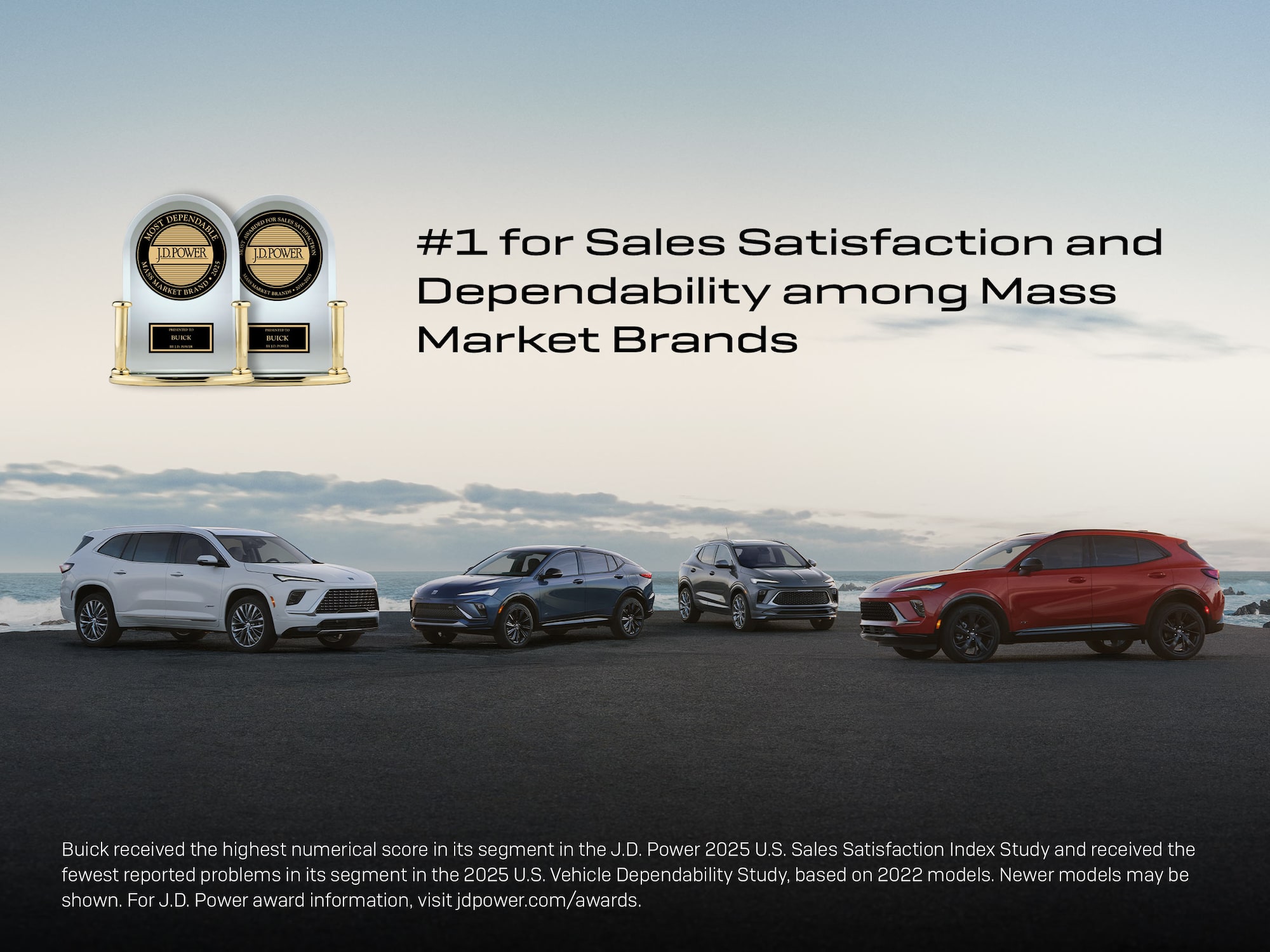 Four Buick Vehicles, a White Envista, a Dark Blue Envista, a Gray Envision, and a Red Encore GX, Parked along a Waterfront with Two JD Power Awards for Buick with text overlay:  "#1 for Sales Satisfaction and Dependability among Mass Market Brands"