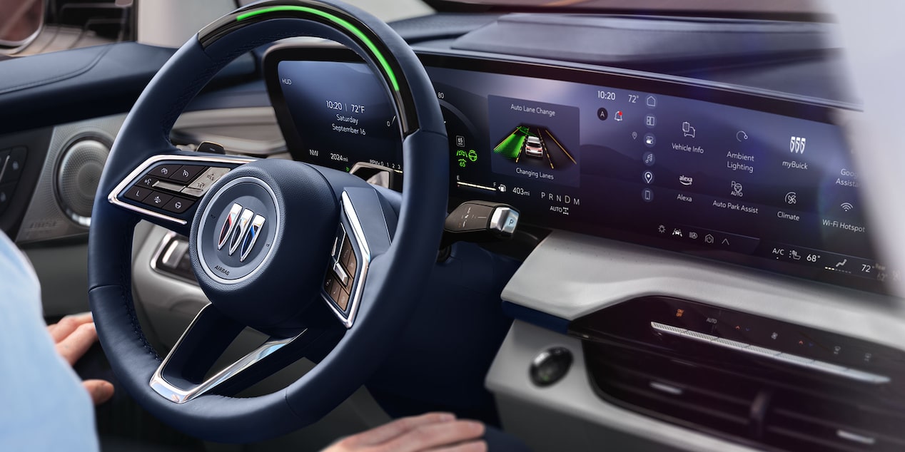 Close-up of a Buick Steering Wheel and Dashboard Displaying Super Cruise Hands-Free Driving Technology