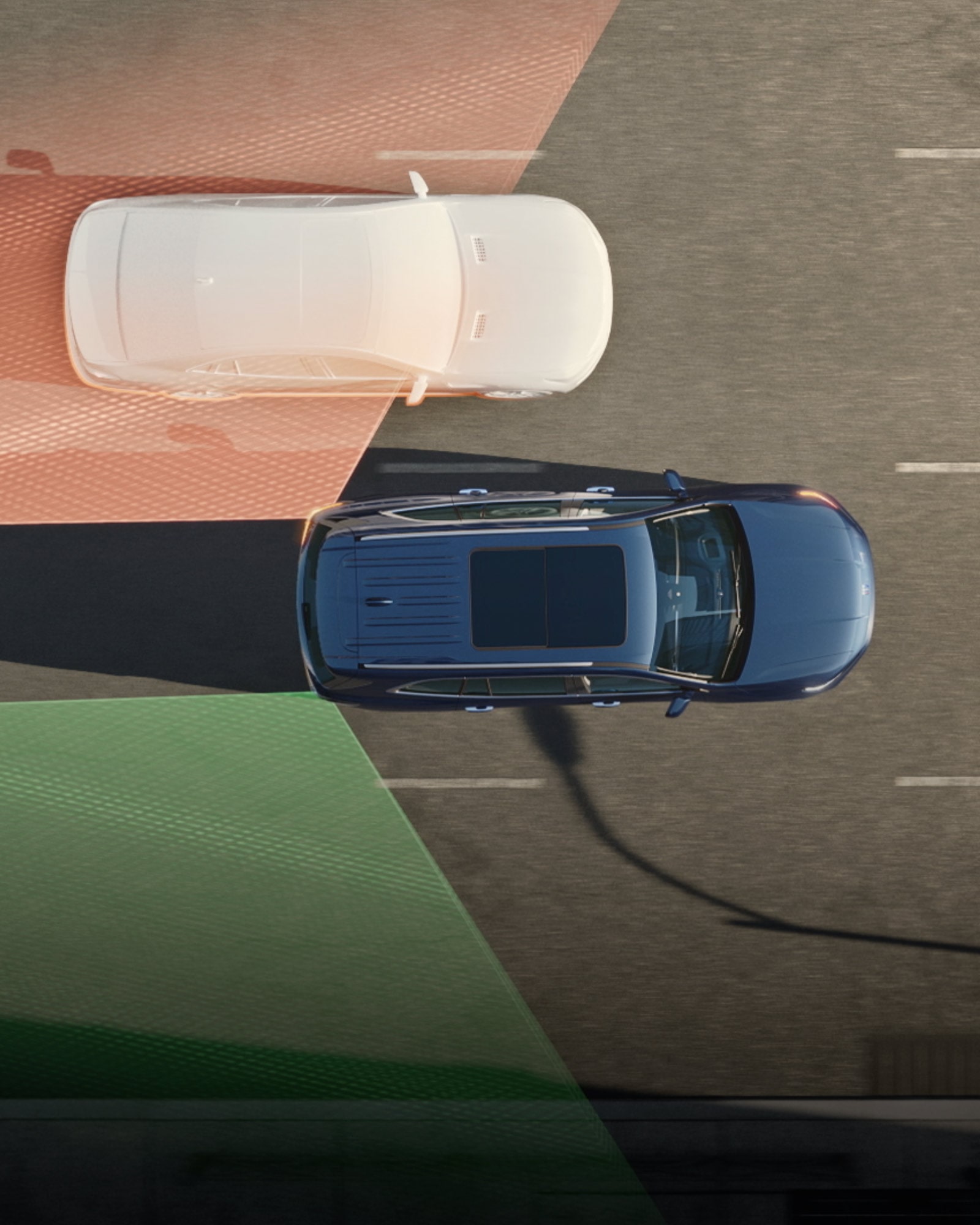 3D Overhead View of a Blue 2026 Buick Enclave on the Road with Another Imaginary Vehicle Next to It