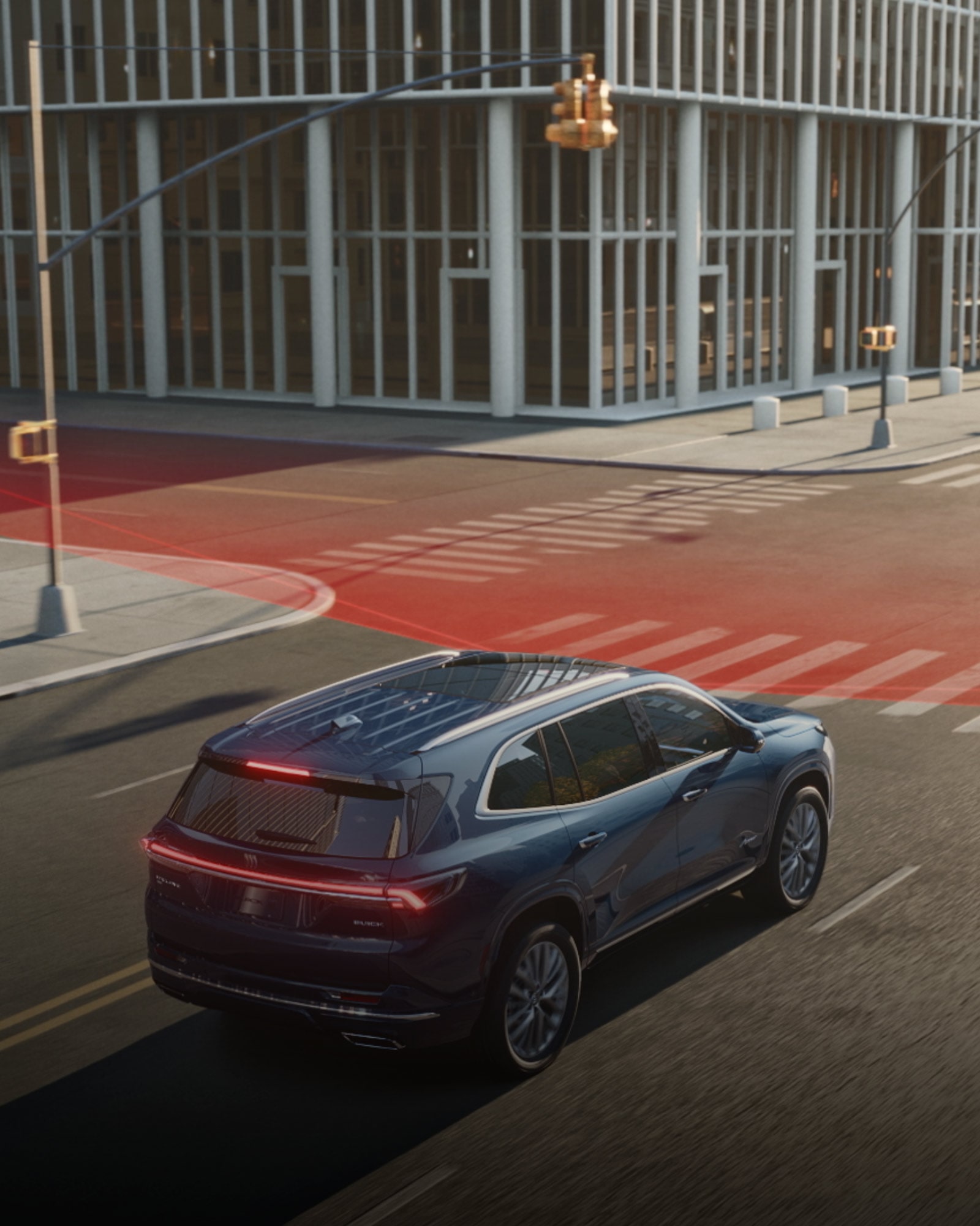 3D Three Quarters Rear View of a Blue 2026 Buick Enclave on the Road Withs Sunlight Coming from the Front