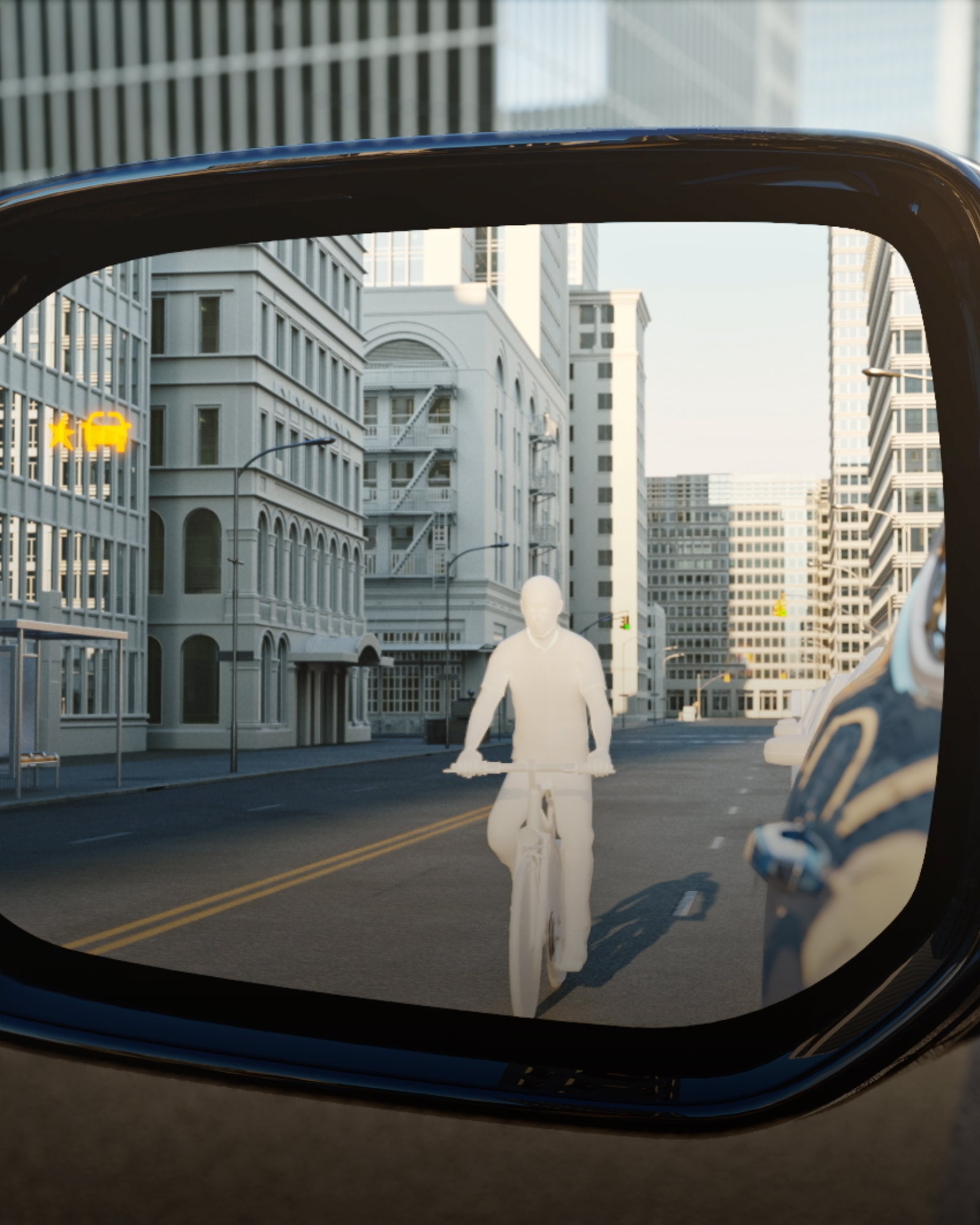 3D Environment Showcasing a 2026 Buick Enclave Side View Mirror Showing a Imaginary Person Riding a Bicycle