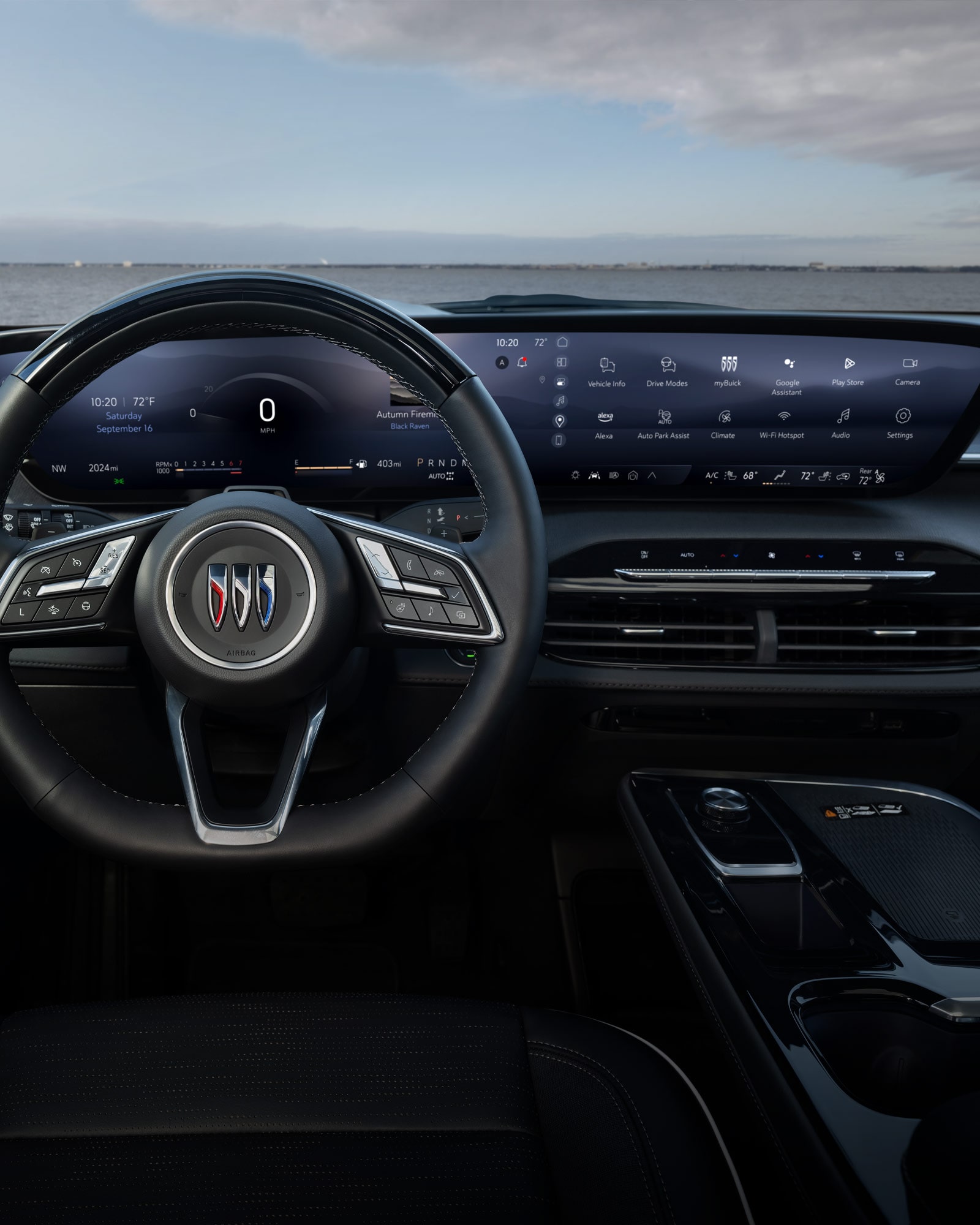Driver’s Seat View the Steering Wheel and Display Dashboard of a 2026 Buick Enclave