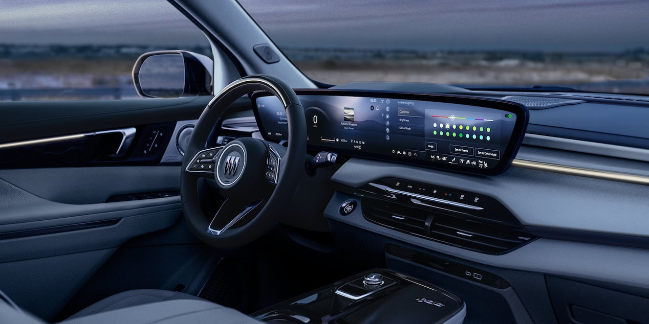 Three Quarters View of the Steering Wheel and Dashboard from the Front Passenger Seat of a 2026 Buick Enclave